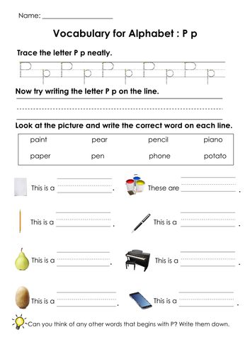 Vocabulary for Alphabets P, Q and R and Handwriting