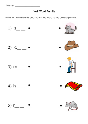 Phonics -at Word Family Matching and Word Search Printable