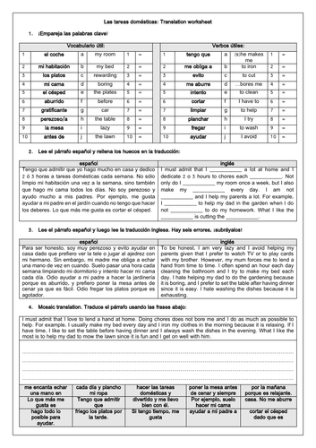 Spanish GCSE Las tareas domésticas: Chores/ Helping at home Translation Worksheet