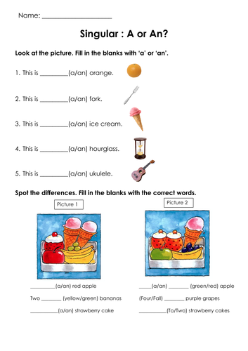 Grammar Indefinite Articles A/An Printable