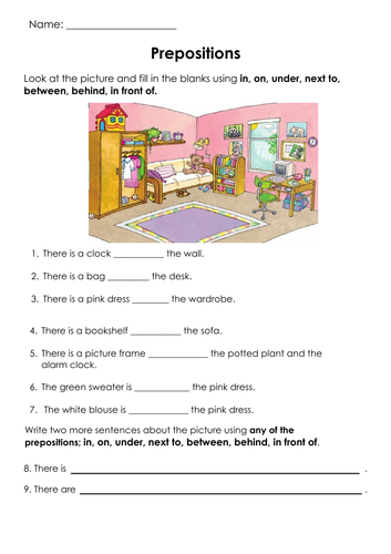 Grammar Prepositions (in, on, under, next to, between, behind, in front of) Printable