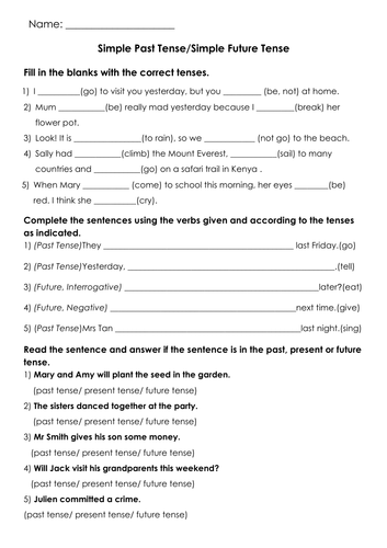 Grammar Simple Past Tense and Future Tense Printable | Teaching Resources