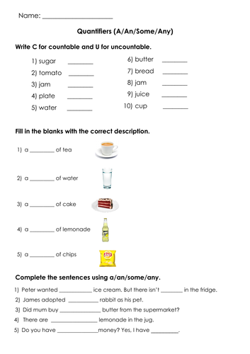 Grammar Quantifiers (A/An/Some/Any) and Countable/Uncountable Nouns Printable