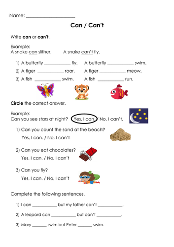 Grammar Auxiliary Verbs (Can/Can't) Printable | Teaching Resources