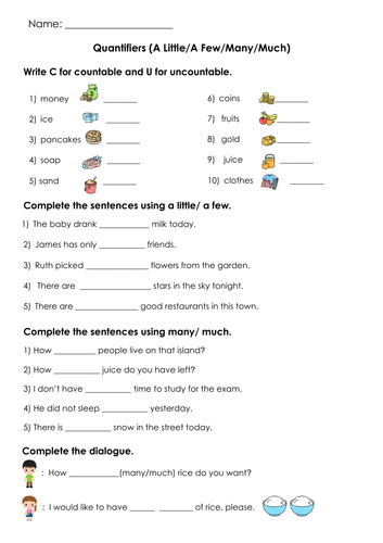 Grammar Quantifiers (A Little/ A Few / Many/ Much) Printable