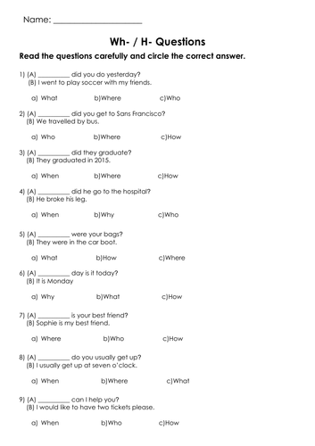 Grammar Who, Where, What, When, Why, How Printable | Teaching Resources