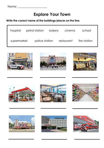 Places In The Town/City and Auxiliary Verbs (Is/Are) Printable