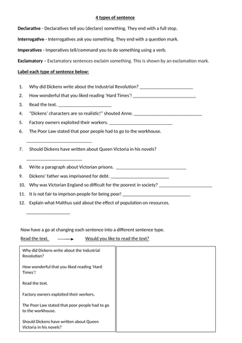 Four types of sentence worksheet