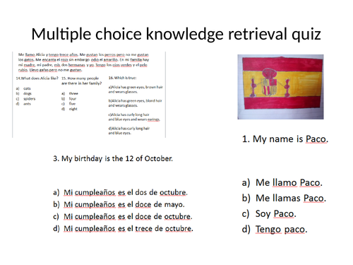 Spanish grammar and vocabulary multiple choice quiz.