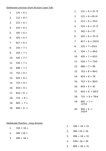 short and long division procedural fluency y5/6