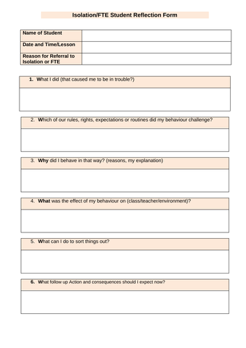 FTE/Isolation Student Reflection Form