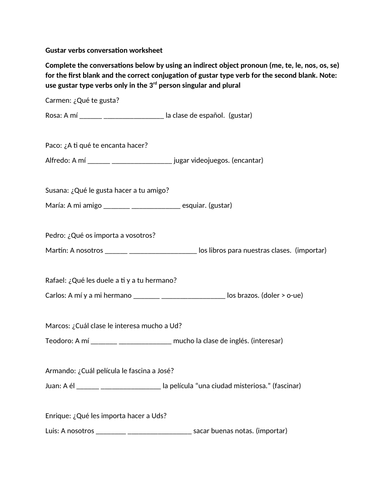 Gustar verbs conversation worksheet