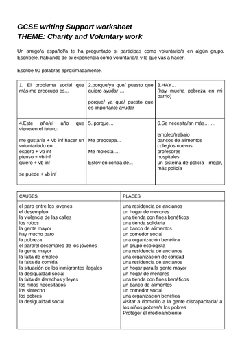 GCSE writing and oral support worksheet Charity and Voluntary work