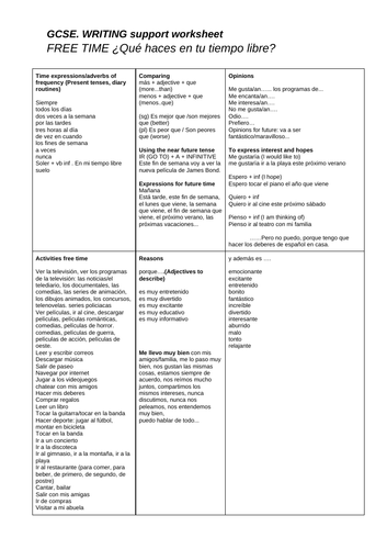 GCSE writing and oral support worksheets Free time