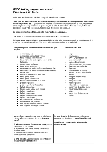 GCSE writing and oral support worksheets Los sin techo