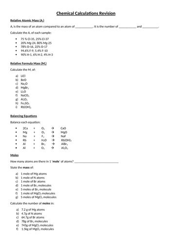 Quantitative Chemistry (Calculations) Revision Questions (SLOP) (No answers)