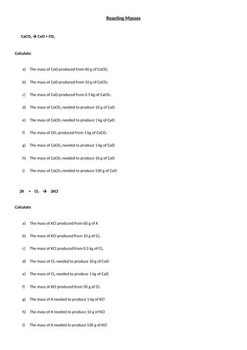 Reacting Masses (Amounts of Substances) Calculations Worksheet