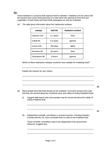 AQA GCSE Physics Unit 1 (P1): Atomic Structure - Half-lives and radioactive contamination. L5