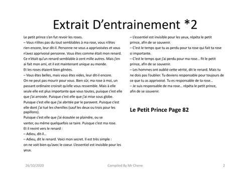 Oral IB French HIGHER - Le Petit Prince - A. De Saint Exupery - 2020 Specification- Text Extracts