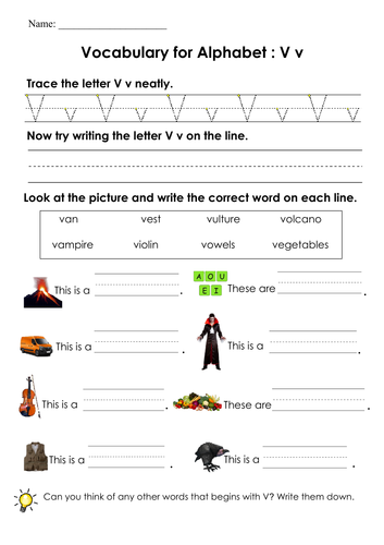 Vocabulary for Alphabets V, W and X and Handwriting