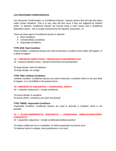 Las Oraciones Condicionales / Conditional Clauses