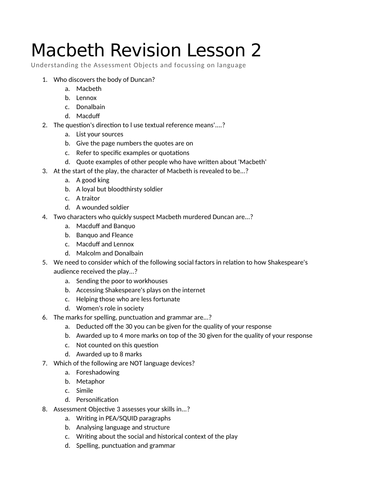 Macbeth Revision: Objectives and Language