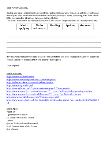 SATS mock result feedback letter to parents