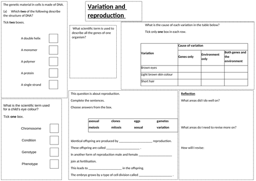 Reproduction and Variation: Worksheet and answers