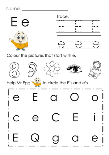 (Alphabets) Finding Letter E and Pictures Printable