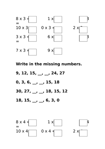 Times table work sheet  3s, 4s, 5s and 10s