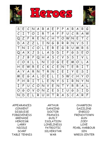 Heroes (Robert Cormier) word search