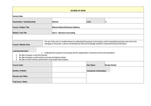 Complete Scheme of Work for Business Accounting