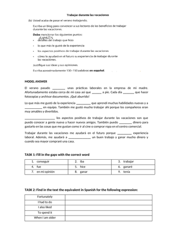 Spanish GCSE scaffolded writing practice with model answer - work experience