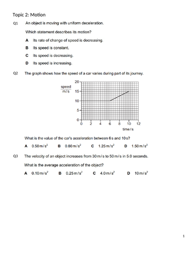 MOTION (IGCSE 0625 CLASSIFIED WORKSHEET WITH ANSWERS)