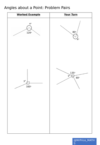 Angles about a Point - Example Problem Pairs