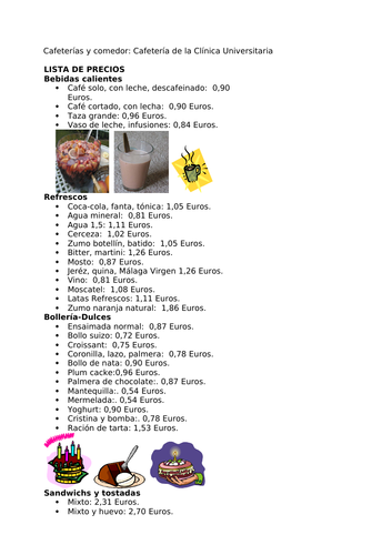 Spanish Menu with prices