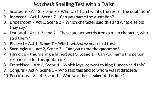 Macbeth Spelling Test - Revise the quotations