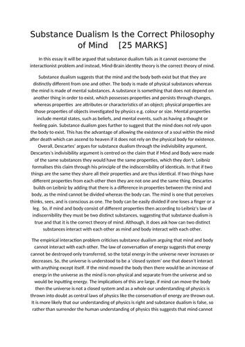 Substance Dualism Essay A-Level AQA Philosophy (7172)