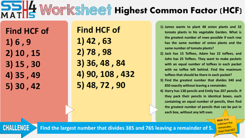 Differentiated worksheet for Highest Common Factor (HCF)