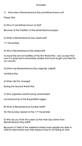 Remembrance Day: Reading Comprehension Activities