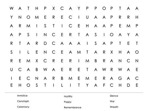 Remembrance Day: Wordsearch