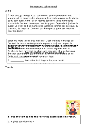 Healthy eating reading worksheet and ppt. - Present tense and frequency adverbs