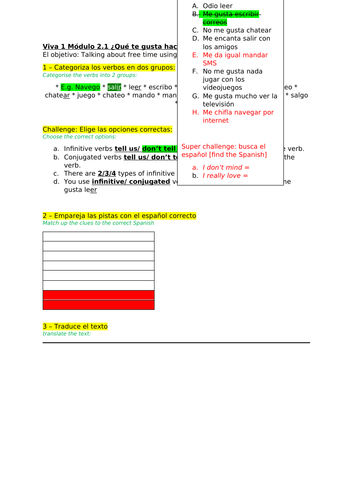 Viva 1 - Módulo 2 -Mi tiempo libre ALL UNITS -remote learning/worksheets/cover to support textbook