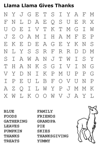 Llama Llama Gives Thanks Word Search Teaching Resources