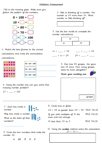 Addition Assessment Year 2 | Teaching Resources