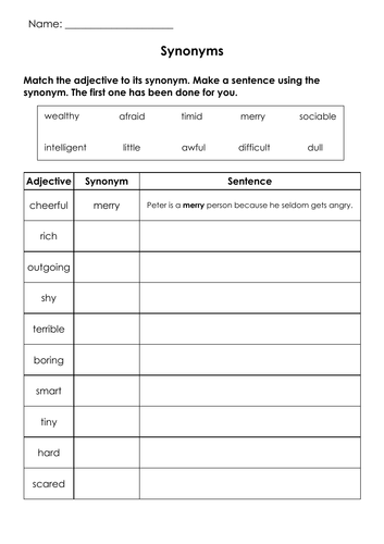 Vocabulary Synonyms 1 Printable