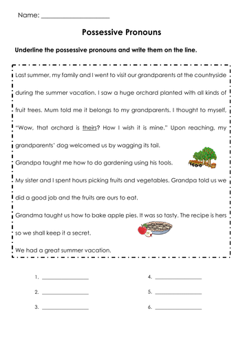 Grammar Possessive Pronouns ( mine/ yours/ theirs/ ours/ hers/ his) Printable