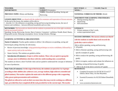 Economics 1GCSE Lesson Plan on  House Hold Savings, Spending and Borrowing