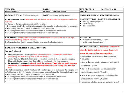 Lesson Plan on Achieving  Qualtity Production