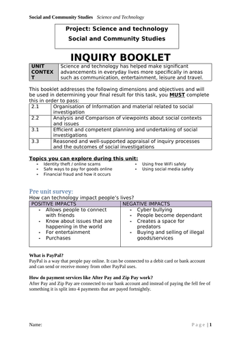 Social and Community Studies - Science and Technology (eSafety) unit - Inquiry Booklet